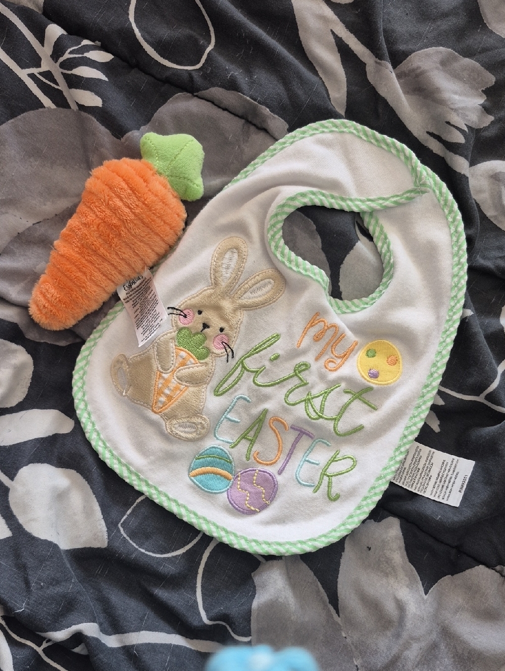 Baby Essentials White Bib with Green Trim and Pastel Easter Embroidery